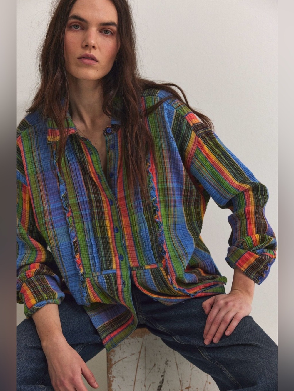 NWT Free People S We the Free Madras Top Blue Combo Button Down Cotton Oversized - Picture 3 of 7